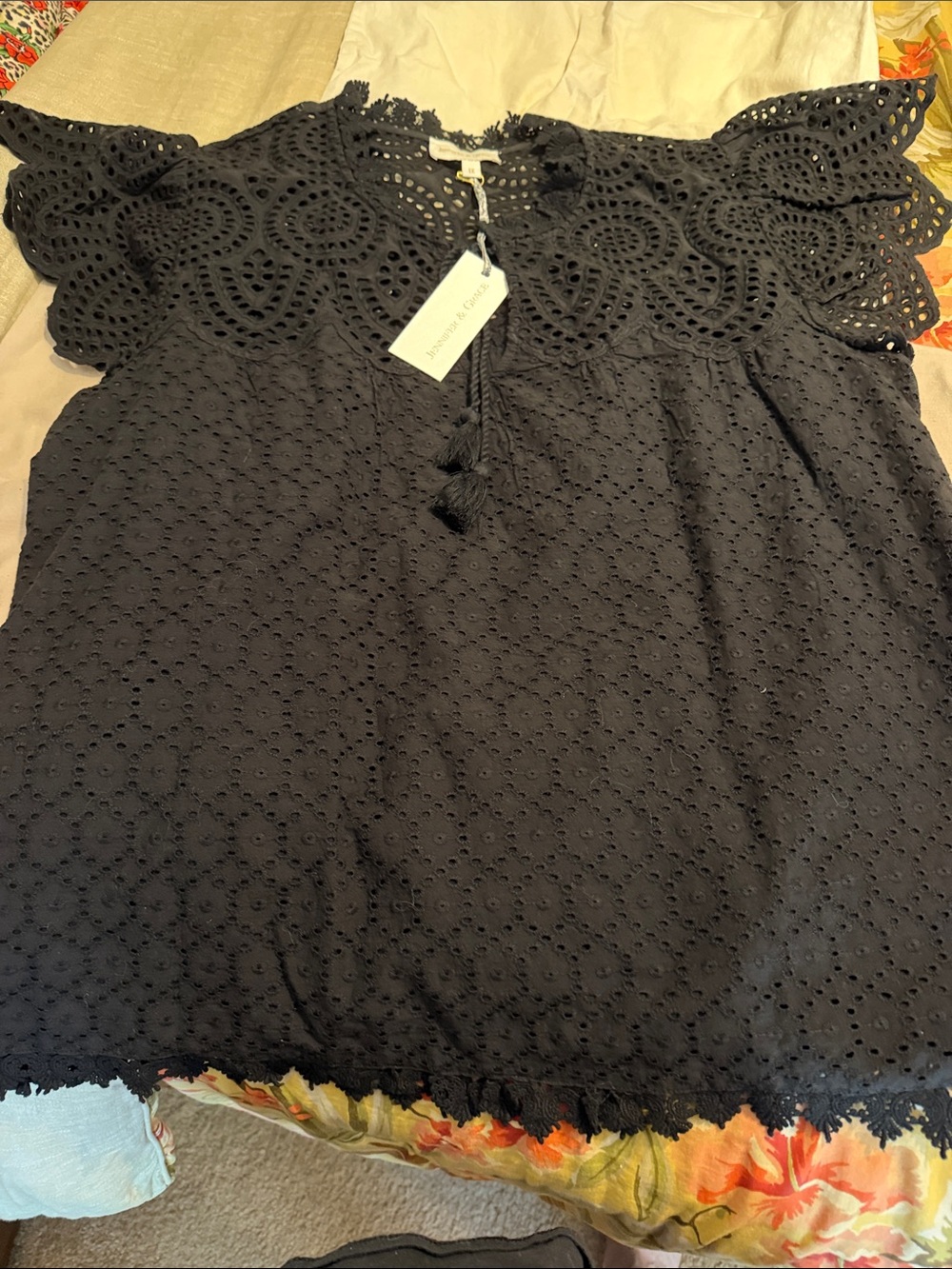 Lace Eyelet Flutter Sleeve Blouse - Black
